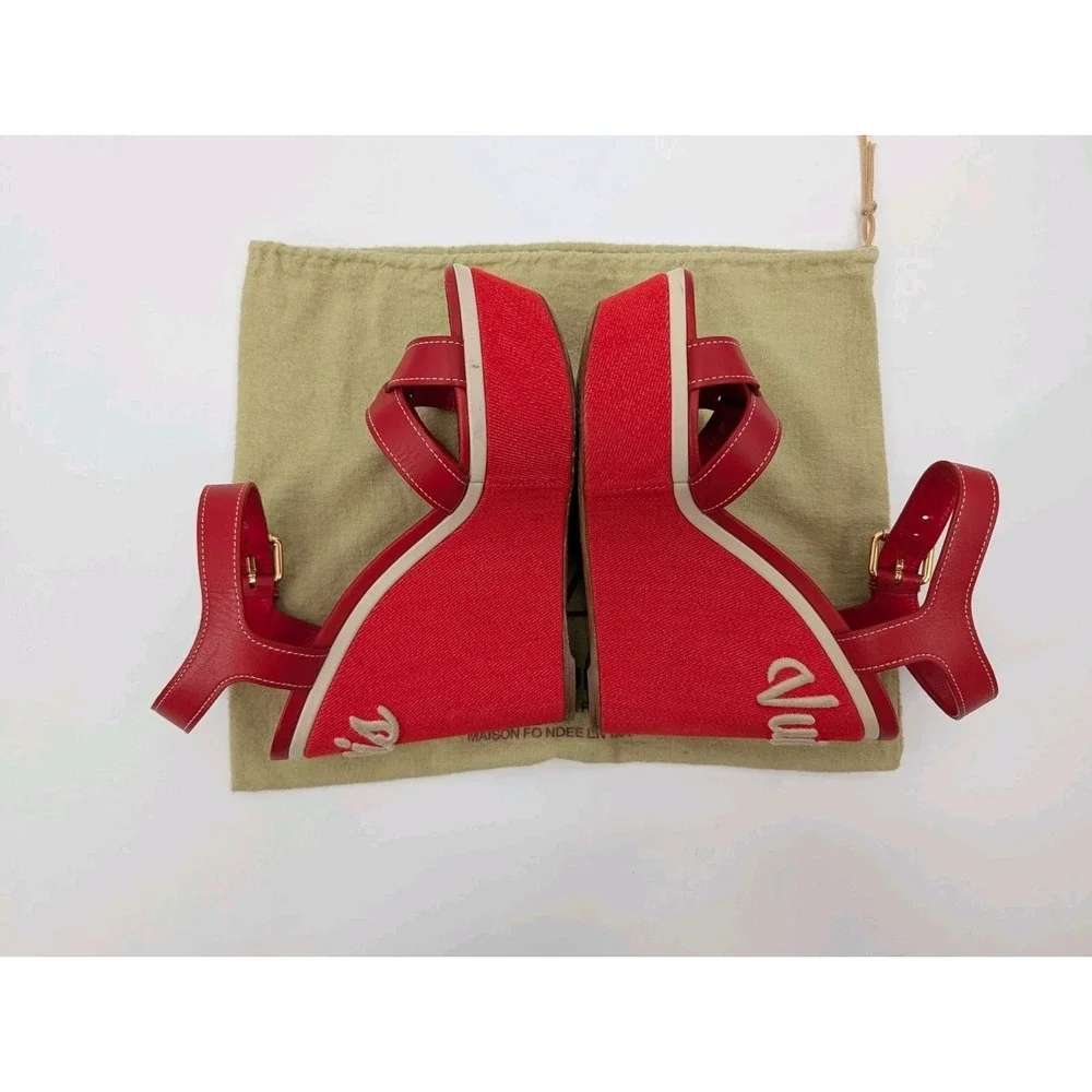 Louis Vuitton Red Waterfall Wedge Cloth & Leather Sandals Size 37.5 EU/7 US